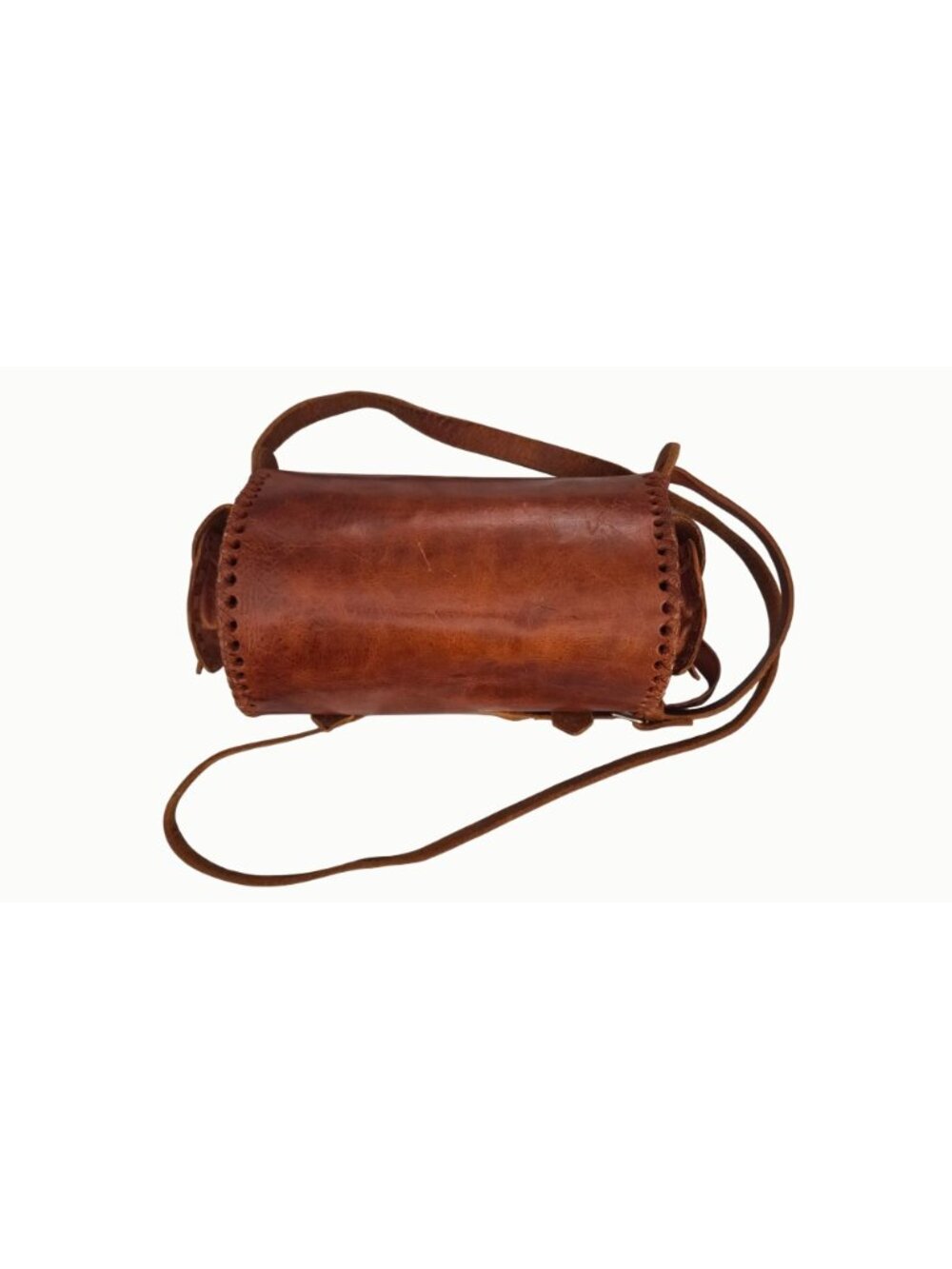Handmade Leather Barrel Crossbody Bag Boho Western Vintage Cognac Hand Laced - Picture 2 of 8